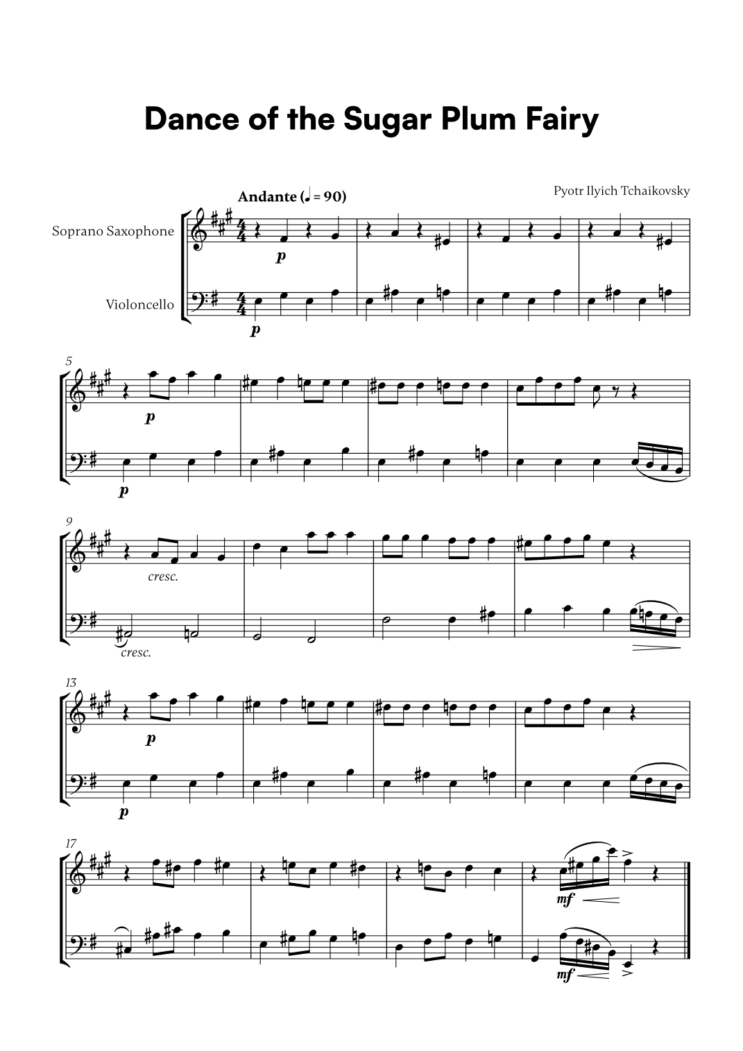 Tchaikovsky - Dance of the Sugar Plum Fairy (for Soprano Saxophone and Cello) (arr. Cadenza Editions)