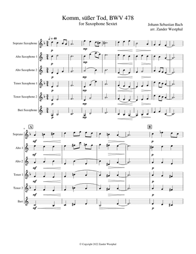 Komm, süßer Tod (Come Sweet Death) for Saxophone Sextet (BWV 478) (arr. Zander Westphal)