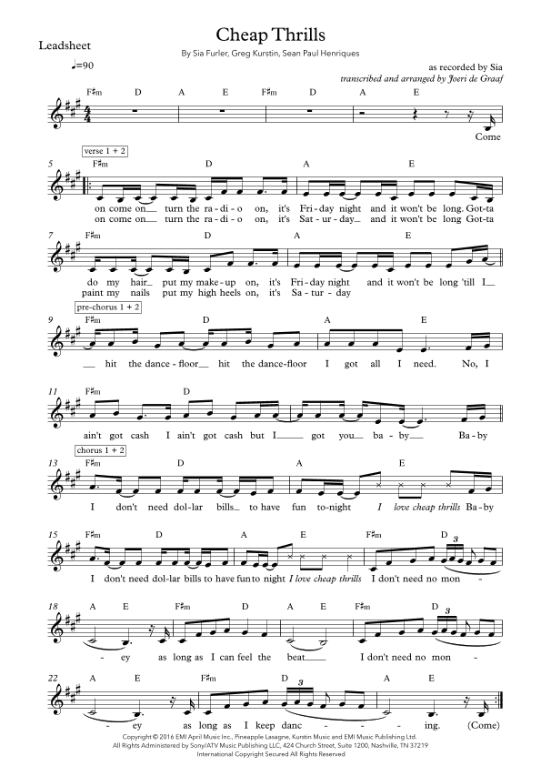 Cheap Thrills (feat. Sean Paul) (arr. Joeri de Graaf)