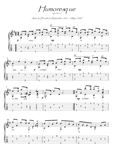 Humoresque by Dvorak guitar solo (arr. PianoSheetNow)