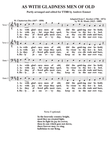 As With Gladness Men Of Old A Cappella TTBB (arr. Andrew Emmet)