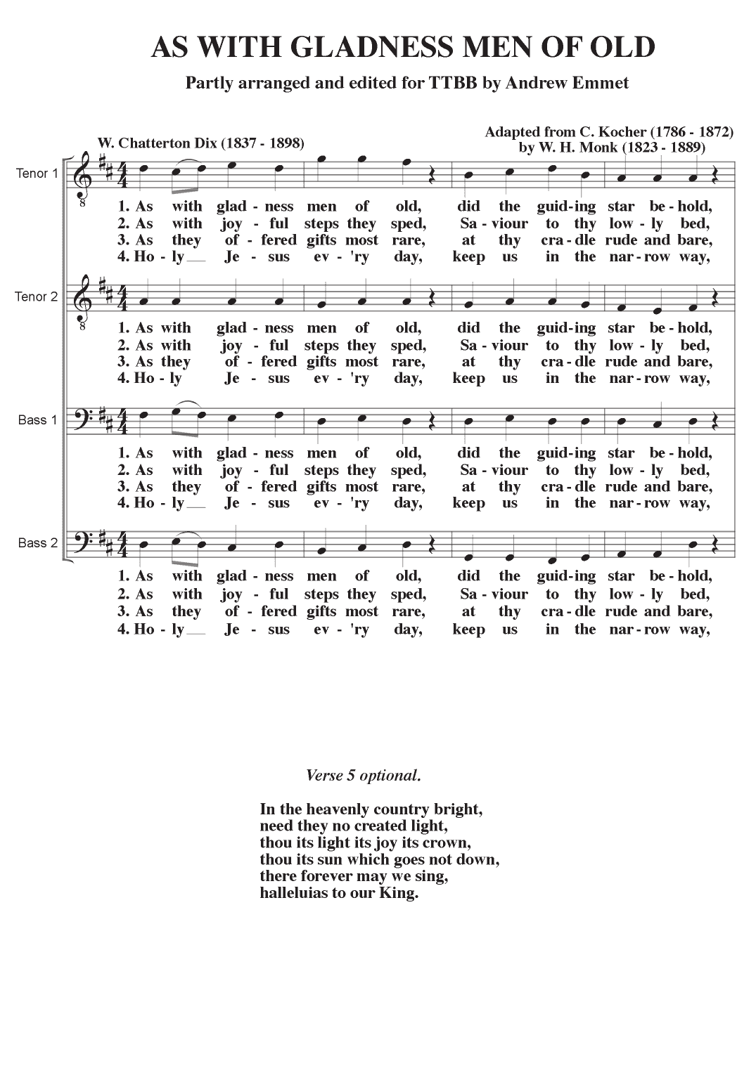 As With Gladness Men Of Old A Cappella TTBB (arr. Andrew Emmet)