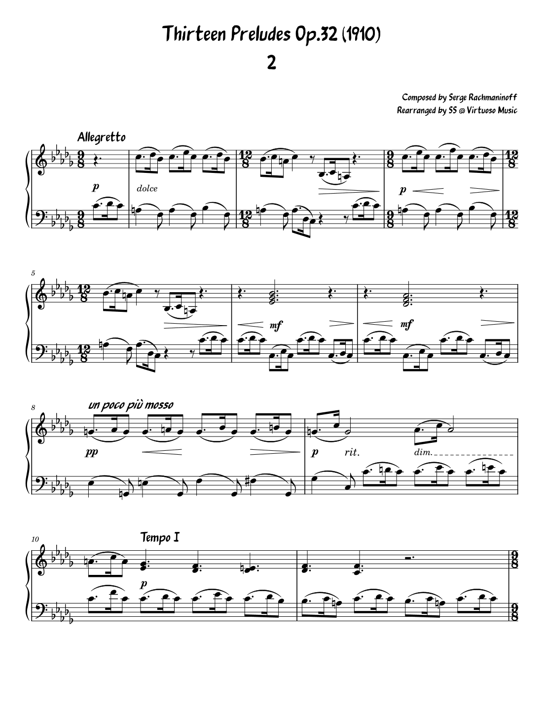 Serge Rachmaninoff 13 Prelude Op. 32 No. 2 (easy/intermediate piano) (arr. Stephanie So)