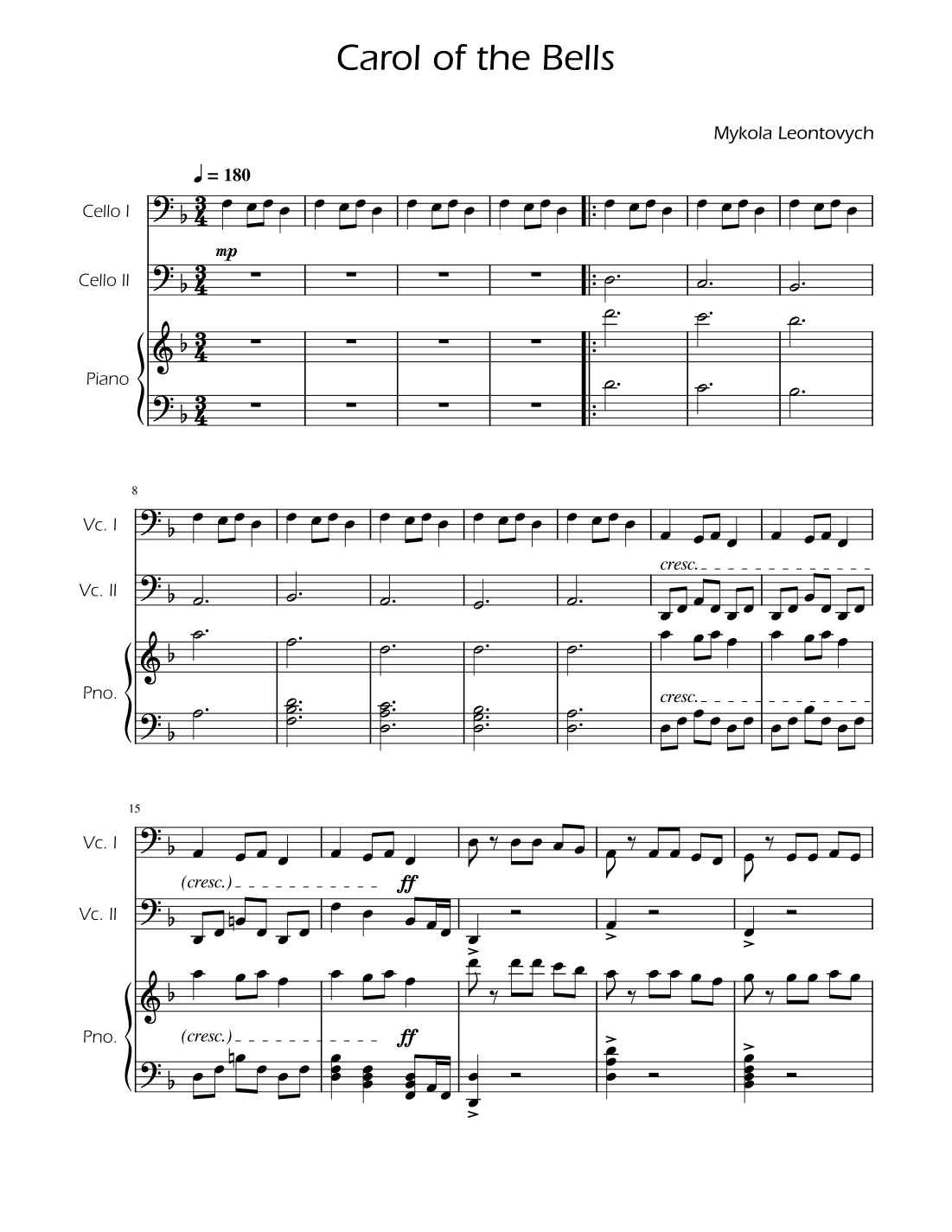 Carol of the Bells - Cello Duet w/ Piano (arr. Ygor Nunes)