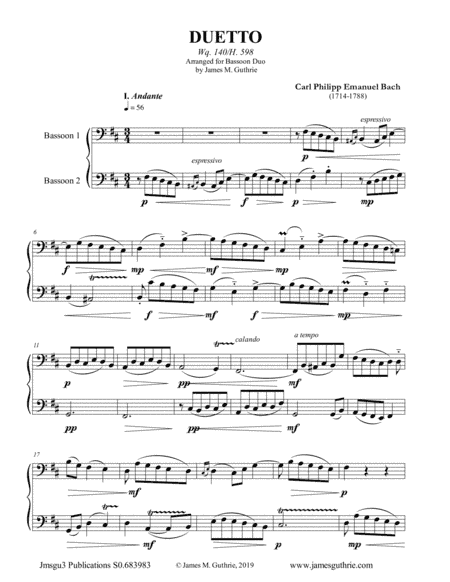 CPE Bach: Duetto Wq. 140 for Bassoon Duo (arr. James M. Guthrie, ASCAP)