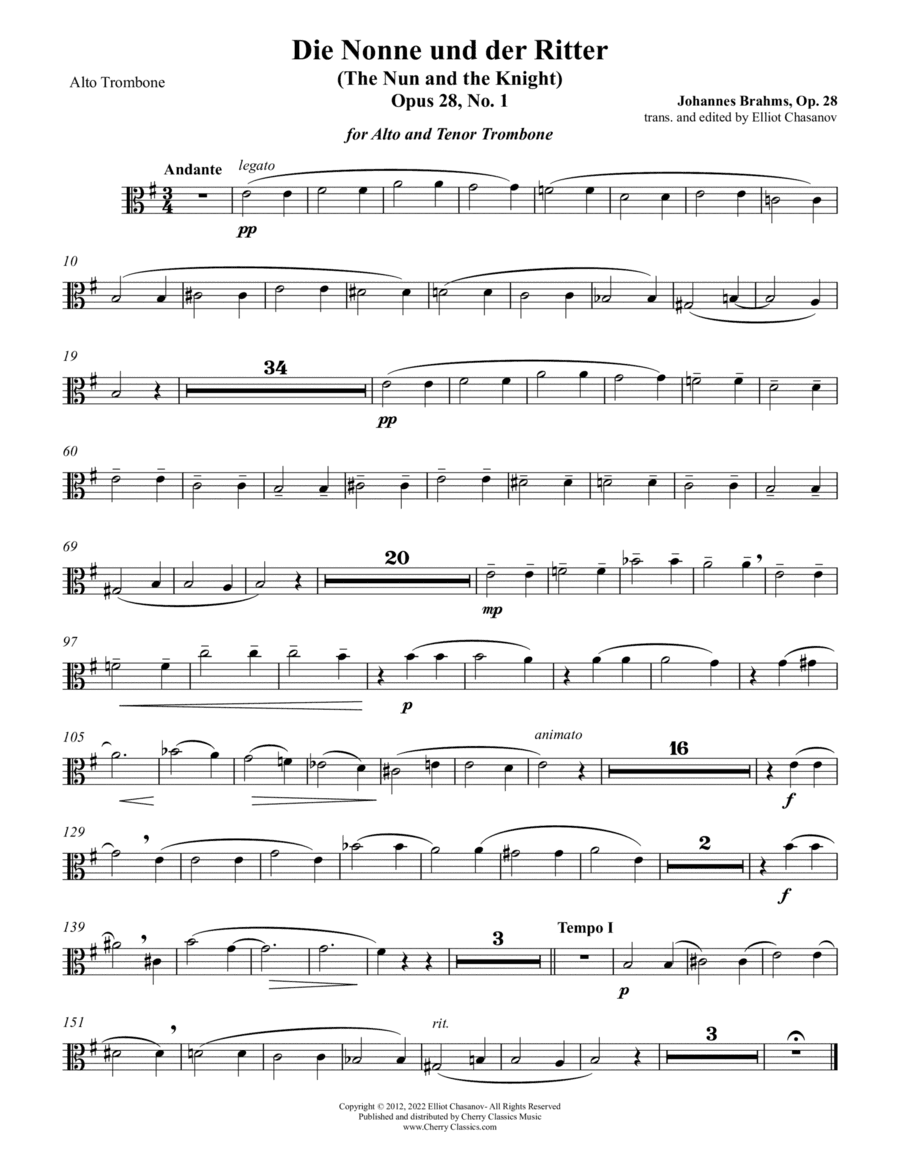 Die Nonne und der Ritter, Op. 28, No. 1 for Alto & Tenor Trombone with Piano accompaniment (arr. Elliot Chasanov)