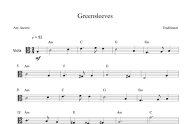 Greensleeves - Lead Sheet for Viola melody and chords (arr. Arezzo Music)