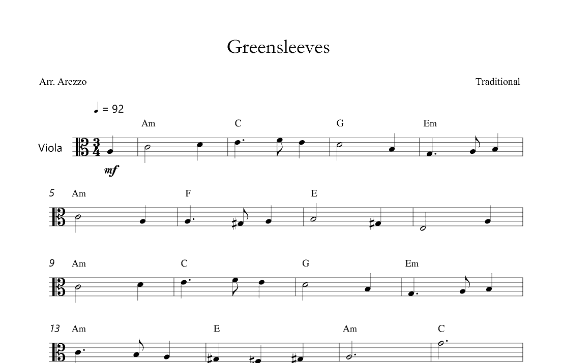Greensleeves - Lead Sheet for Viola melody and chords (arr. Arezzo Music)