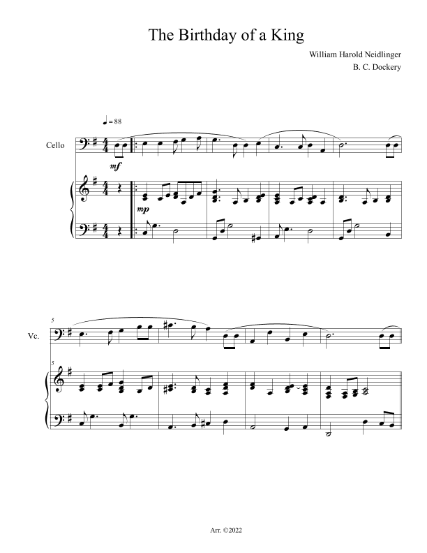 The Birthday of a King (Cello Solo with Piano Accompaniment) (arr. B. C. Dockery)