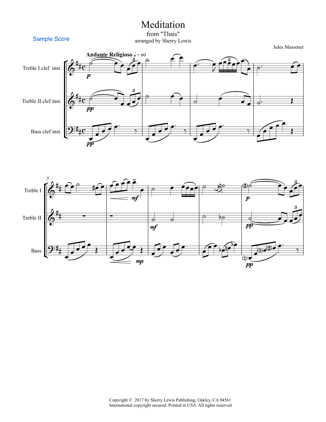 MEDITATION from 'THAIS' for  String Trio, Woodwind Trio, any combination of two treble clef instrume (arr. Sherry Lewis)