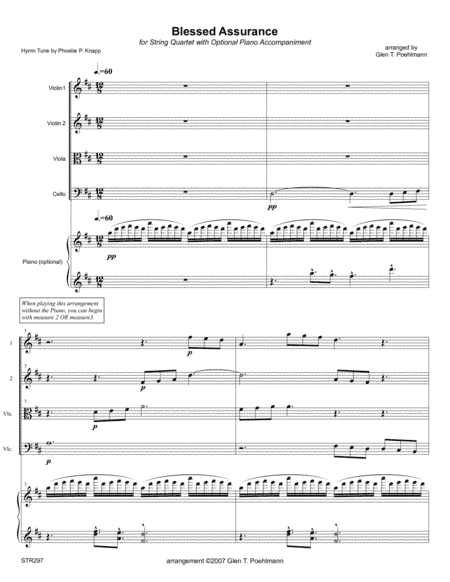BLESSED ASSURANCE arranged for STRING QUARTET with optional Piano (arr. Glen Poehlmann)