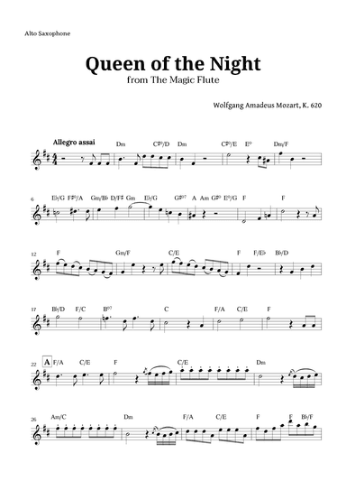 Queen of the Night by Mozart for Alto Sax with Chords (arr. Langanho)