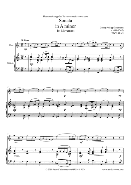 Telemann Sonata in A Minor TWV 41:a3, 1st Movement: Siciliano - Oboe and Piano (arr. Anne L Christopherson GRSM ARCM)