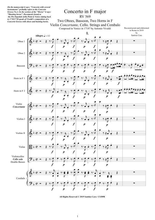 Vivaldi - Concerto in F major RV 569 for Two Oboes, Bassoon, Two Horns, Violin, Cello, Strings and C (arr. Santino Cara)