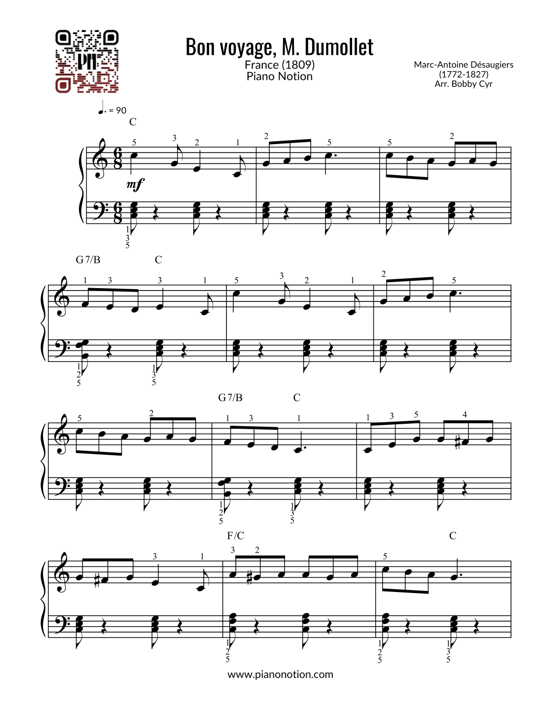 Bon voyage, M. Dumollet - Comptines (piano facile) (arr. Bobby Cyr - Piano Notion)