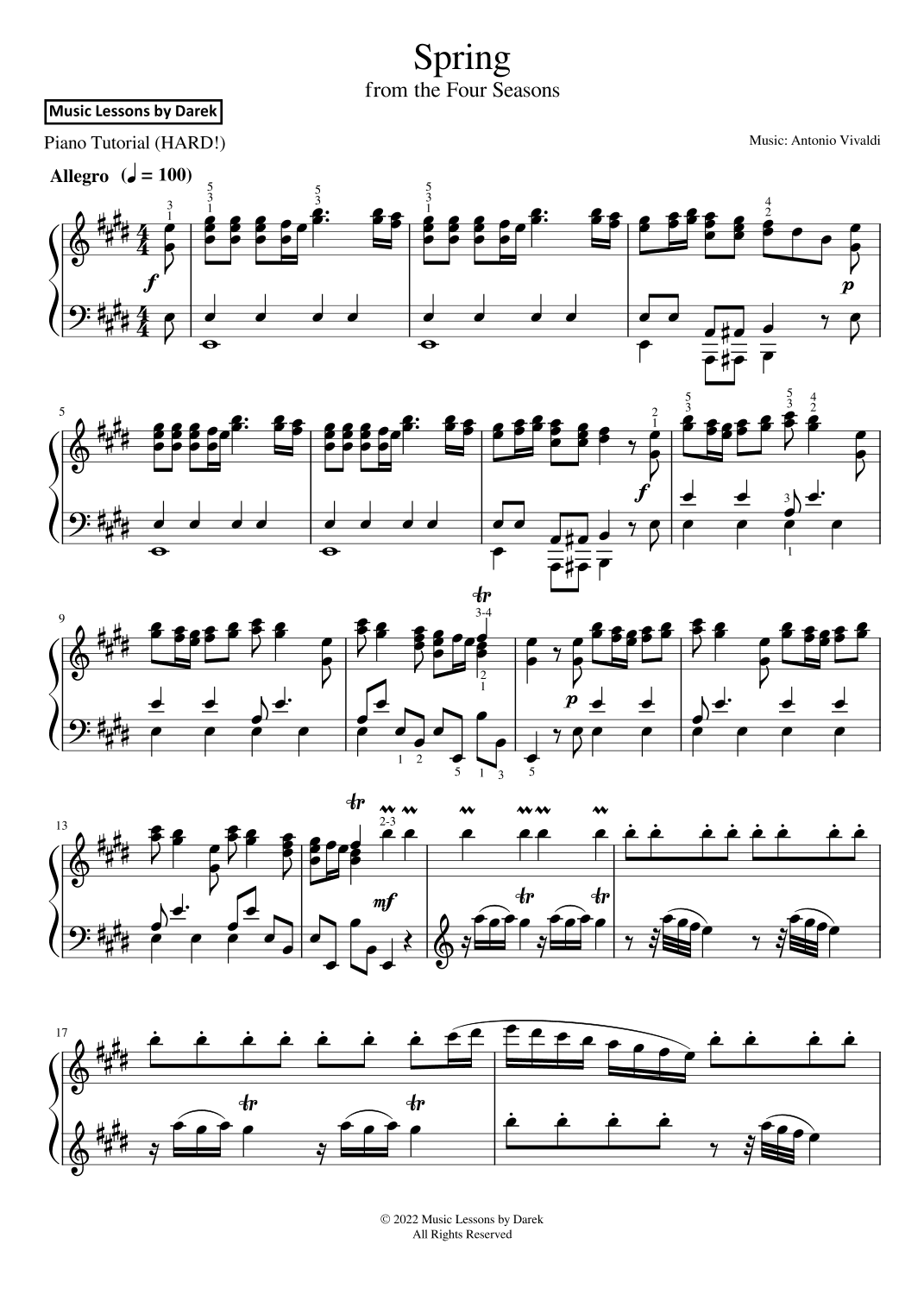 Spring (HARD PIANO) from the Four Seasons [Antonio Vivaldi] (arr. Darek)