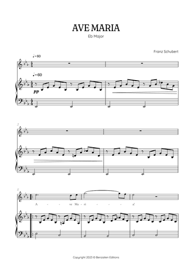 Schubert Ave Maria in E flat Major [ Eb ] • soprano sheet music with easy piano accompaniment (arr. Benzaiten Editions)