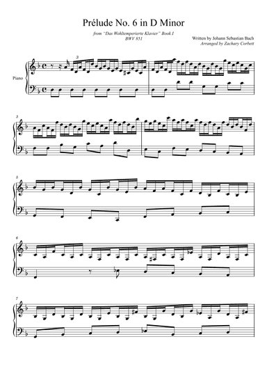 Prelude No. 6 BWV 851 in D Minor (arr. Zachary Corbett)