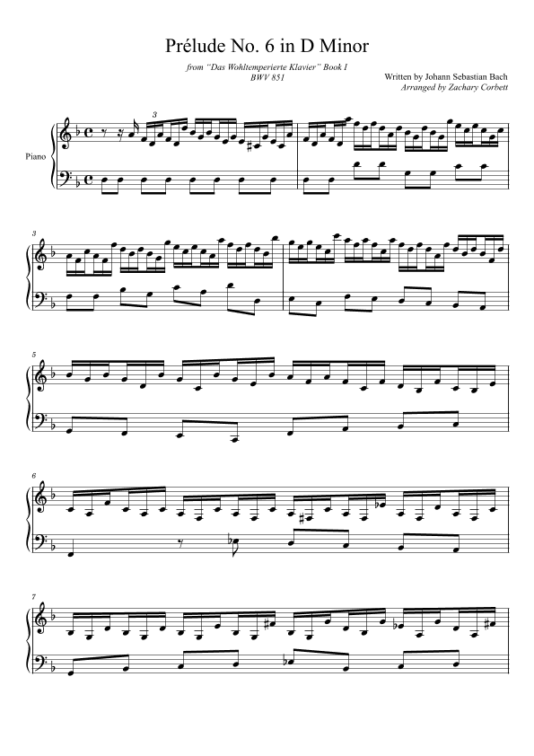 Prelude No. 6 BWV 851 in D Minor (arr. Zachary Corbett)