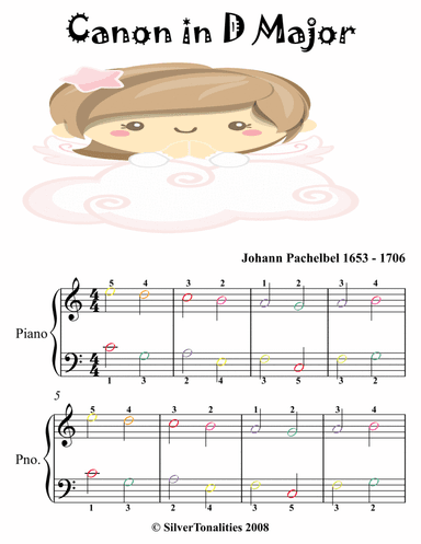 Canon in D Easiest Piano Sheet Music with Colored Notes (arr. SilverTonalities)