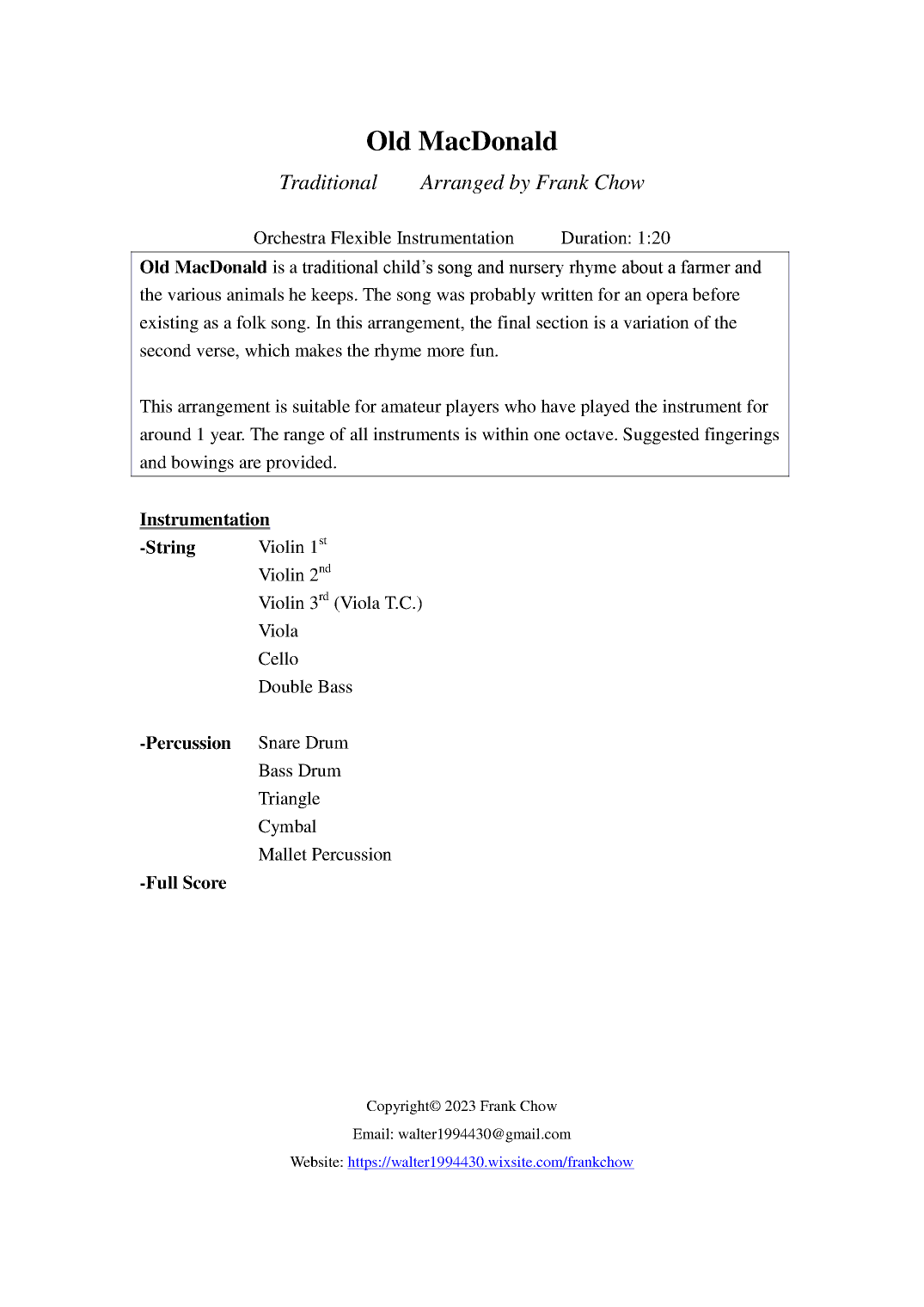 Old MacDonald (for string orchestra and percussion) (arr. Frank Chow)