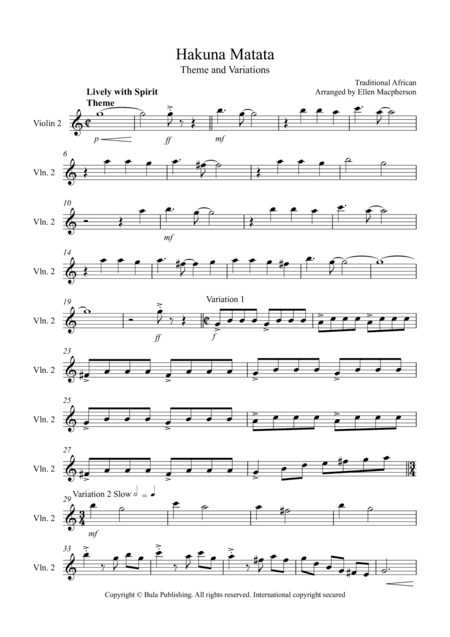 Hakuna Matata Theme & Variation - Easy String Quartet - Violin 2 (arr. Ellen Macpherson)