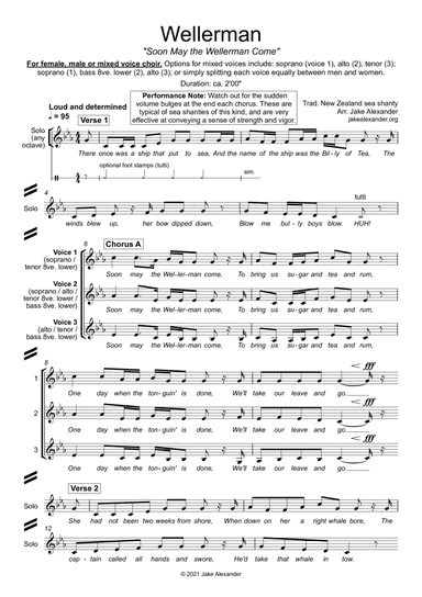 Wellerman - SSA/TBB/SAT/SAB a cappella (arr. Jake Alexander)