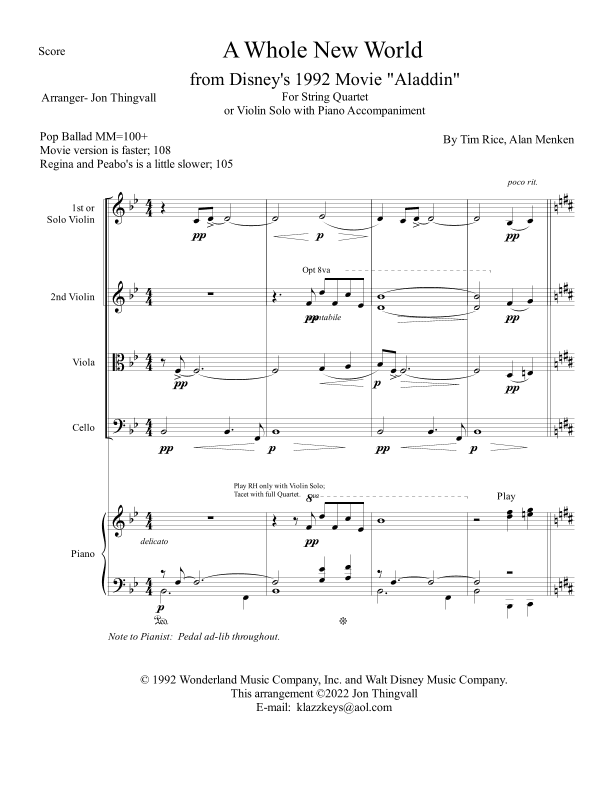 A Whole New World - Score Only (arr. Jon Thingvall)