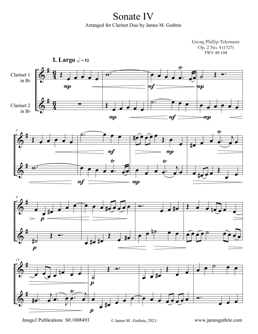 Telemann: Sonata Op. 2 No. 4 for Clarinet Duo (arr. James M. Guthrie)
