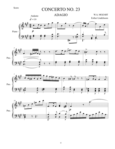 Arrangement for piano solo of the second movement of Mozart's piano concerto KV 488 (arr. Esther Lindeboom)