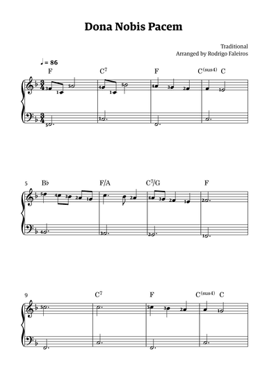 Dona Nobis Pacem - for piano - beginner level 1 (featuring chords and fingerings) (arr. Rodrigo Faleiros)