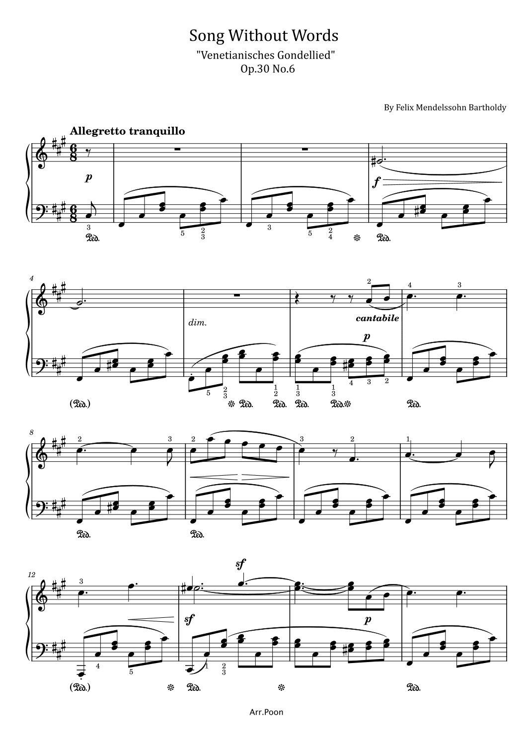 Mendelssohn - Song Without Words - "Venetianisches Gondellied"-  Op.30 No.6 Original With Fingered (arr. poon)