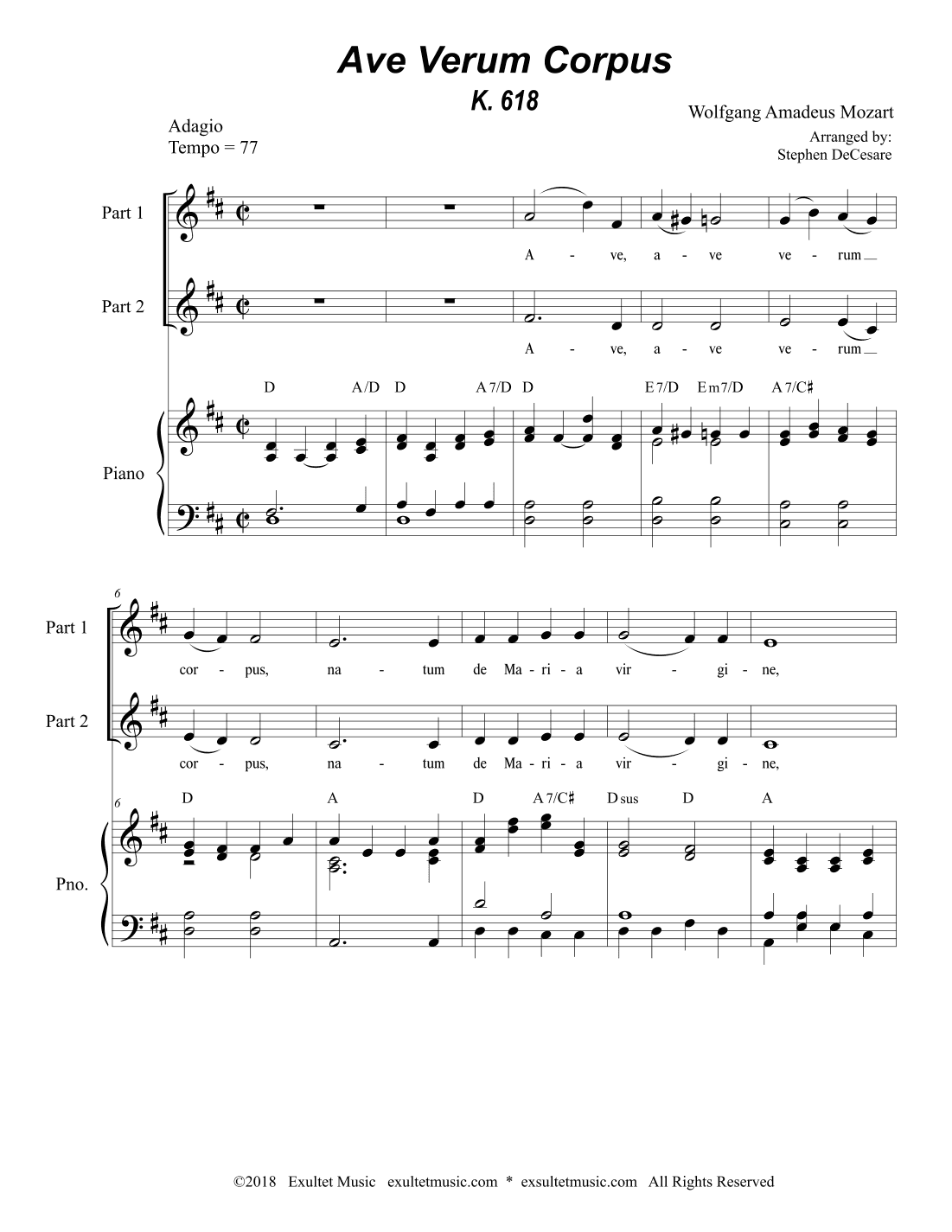 Ave Verum Corpus (2-part choir - Piano Accompaniment) (arr. Stephen DeCesare)