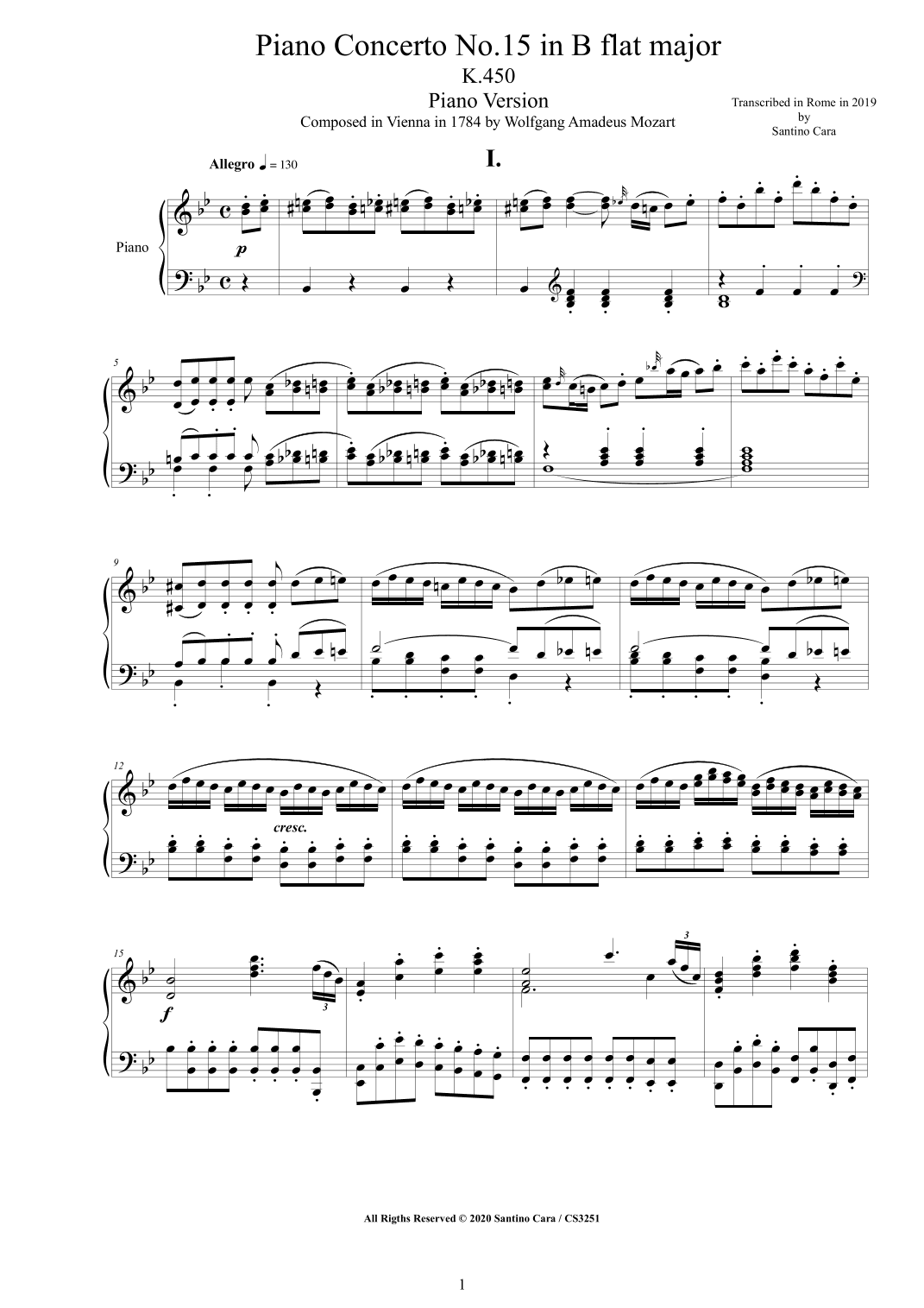 Mozart - Piano Concerto No.15 in B flat major K.450 - Piano Version (arr. Santino Cara)