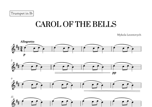 Carol of the Bells (Very Easy/Beginner) - A minor (for Trumpet) (arr. Cadenza Editions)