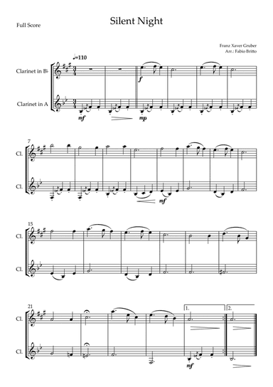 Silent Night (Christmas Song) for Clarinet in Bb &  Clarinet in A Duo (arr. Fabio Britto)