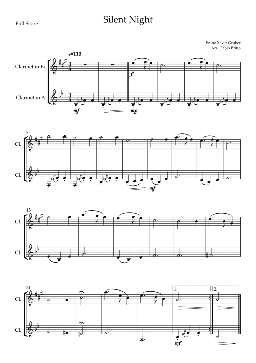 Silent Night (Christmas Song) for Clarinet in Bb &  Clarinet in A Duo (arr. Fabio Britto)