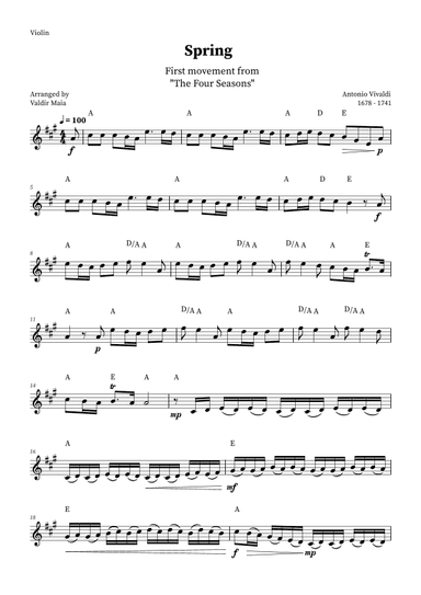 Spring - The Four Seasons for Solo Violin (A Major with chords) (arr. Valdir Maia)