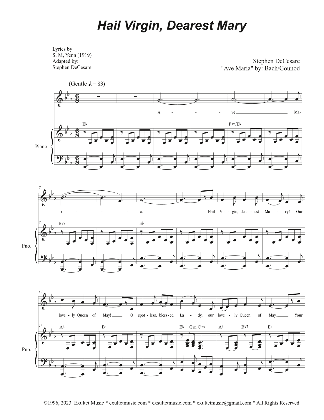 Hail Virgin, Dearest Mary (Unison choir - High Key)
