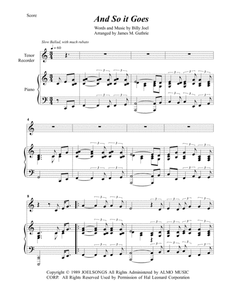 And So It Goes (arr. James M. Guthrie, ASCAP)