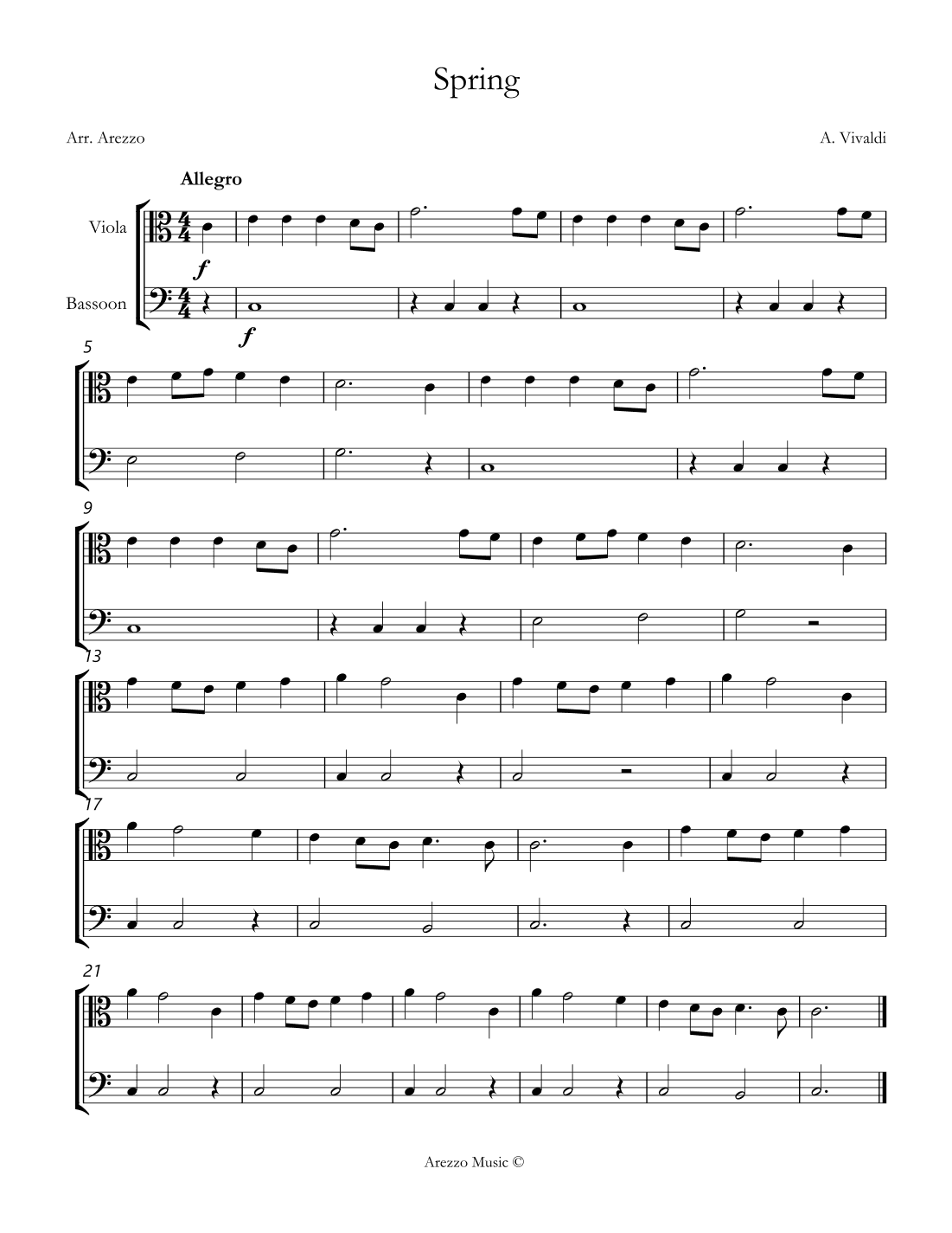 vivaldi spring easy Viola and Bassoon sheet music (arr. Arezzo Music)