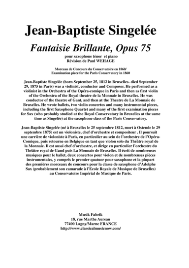 Jean-Baptiste Singelée:  Fantaisie Brillante, Opus 75 pour saxophone ténor et piano (arr. Musik Fabrik Music Publishing)