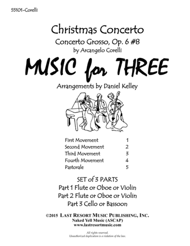 Christmas Concerto (Concerto Grosso Op. 6 #8) for String Trio (2 Violins & Cello) Set of 3 Parts (arr. Daniel Kelley)