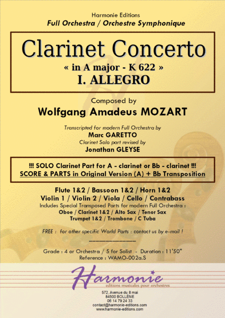 MOZART Clarinet Concerto K 622 - I. ALLEGRO // for Bb clarinet or A clarinet // Original or Modern F (arr. Marc GARETTO)