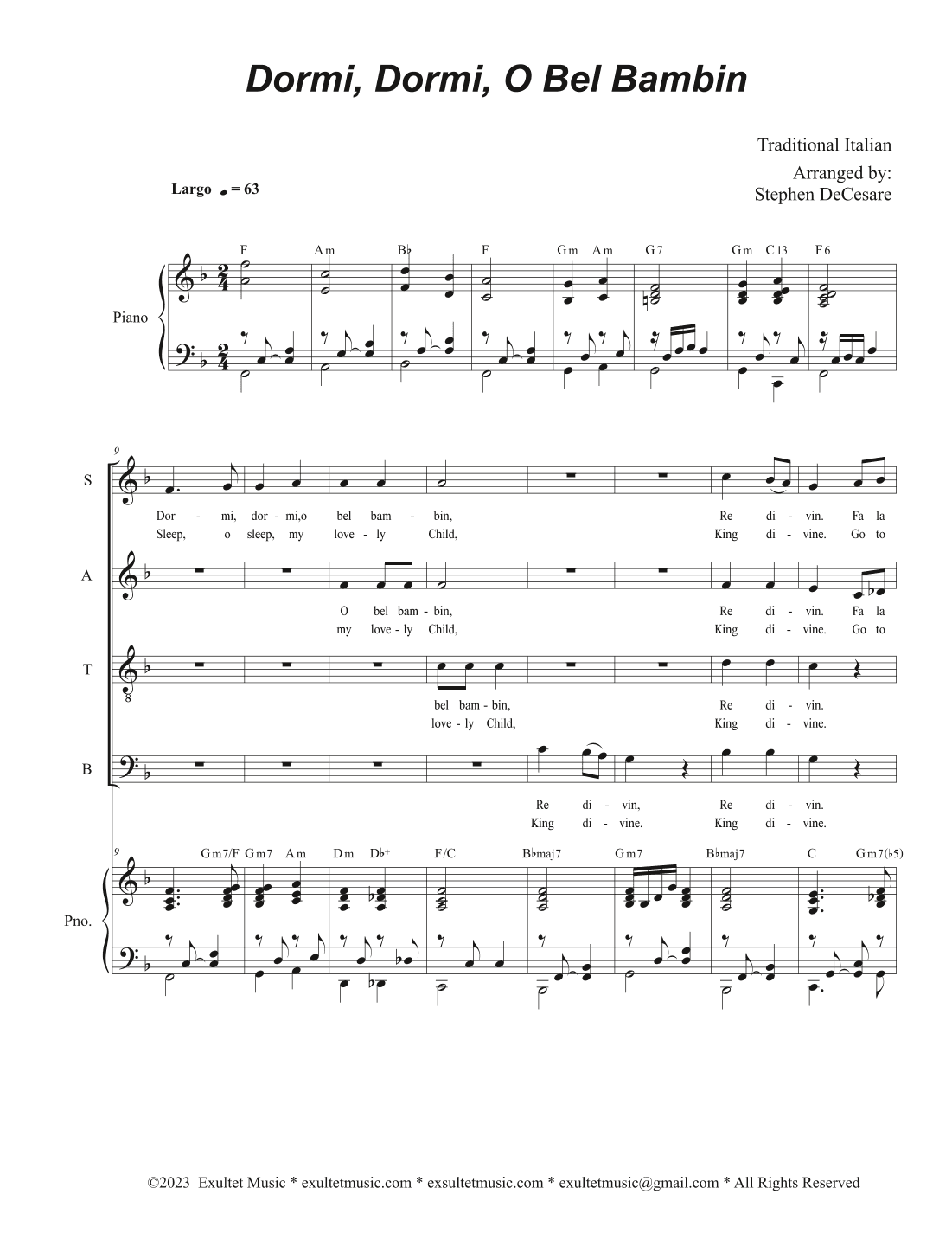 Dormi, Dormi, O Bel Bambin (Vocal Quartet - (SATB) (arr. Stephen DeCesare)