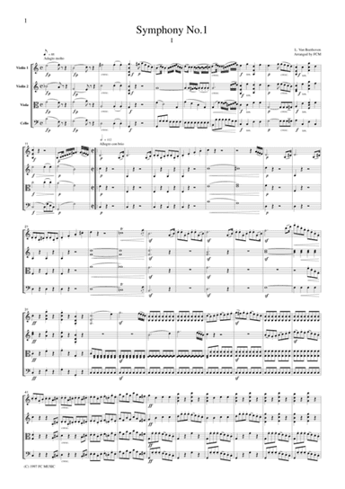Beethoven  Symphony No.1, 1st mvt., for string quartet, CB001 (arr. FCMUSIC)