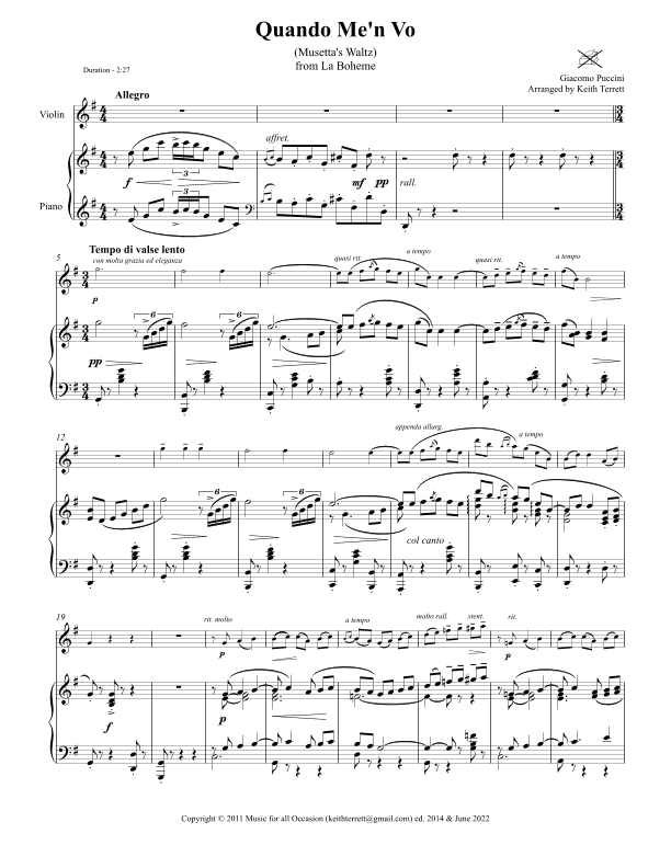 Quando Me'n Vo for Violin & Piano (arr. Keith Terrett)
