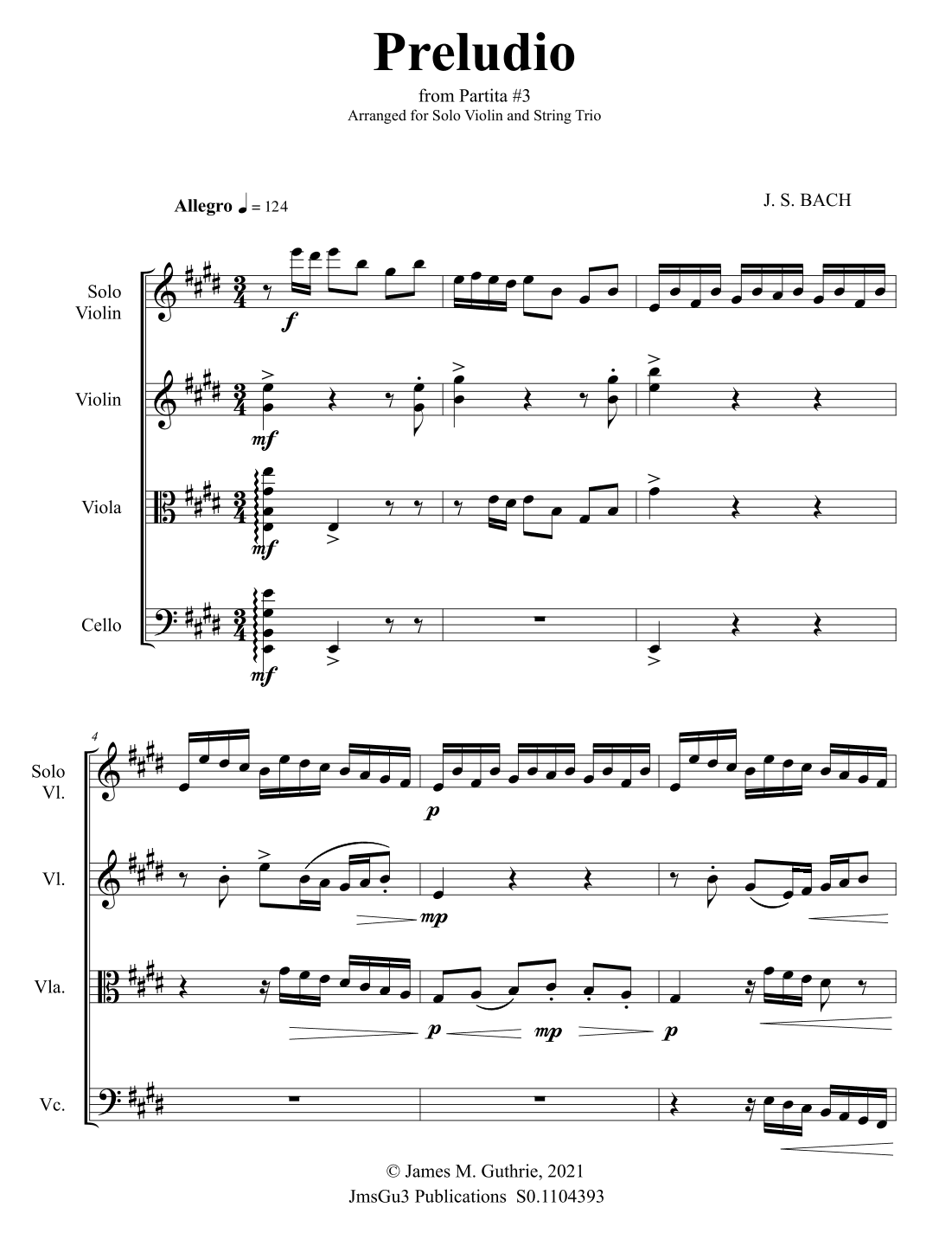 BACH: Preludio from Partita No. 3 BWV 1006.1 for Solo Violin & String Trio (arr. James M. Guthrie)