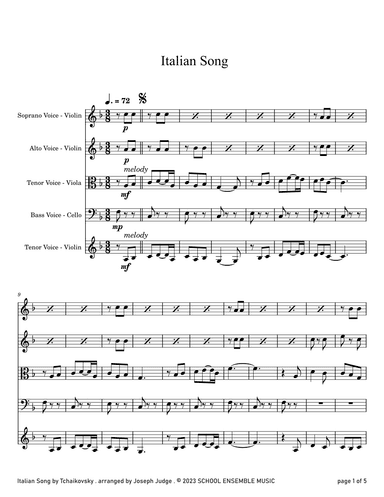 Italian Song by Tchaikovsky for String Quartet in Schools (arr. Joseph Judge)