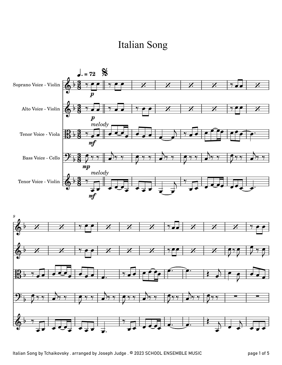 Italian Song by Tchaikovsky for String Quartet in Schools (arr. Joseph Judge)